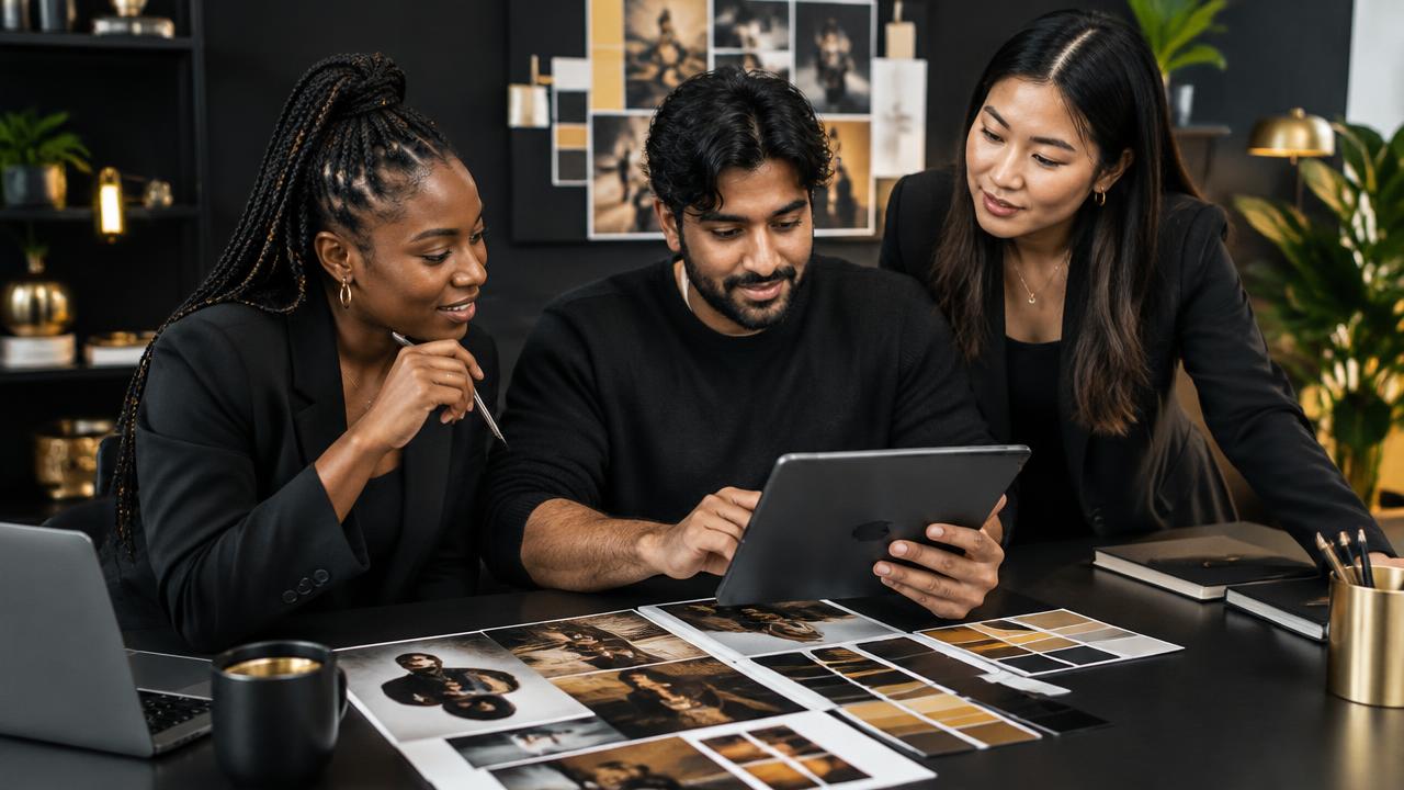 A diverse branding team planning a campaign with a tablet and visual identity board