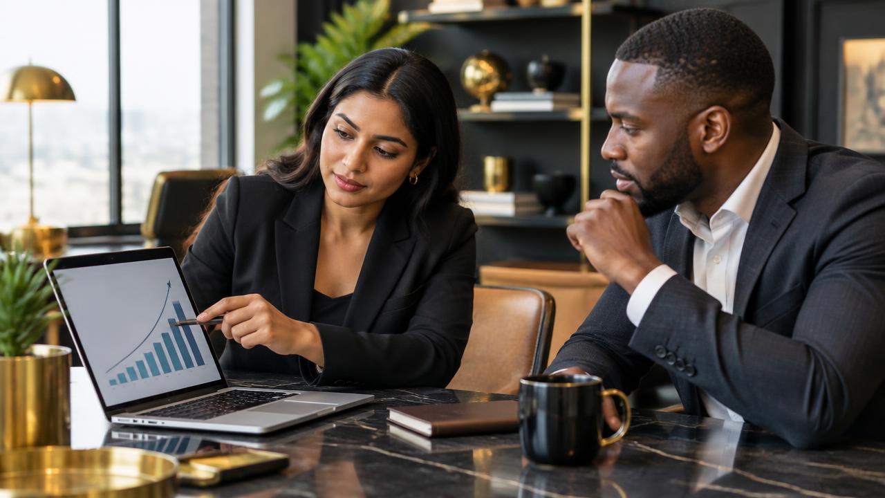 Entrepreneurs reviewing a rising business growth chart on a laptop