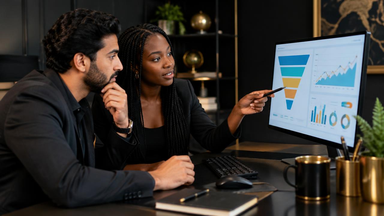 Ecommerce specialists reviewing sales graphs and a conversion funnel