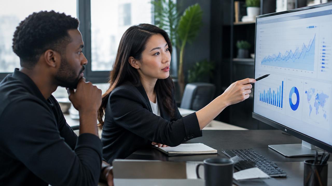 SEO analysts reviewing website visitor trends and traffic charts